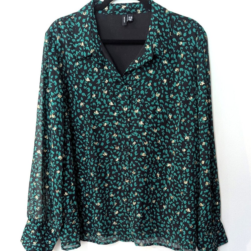 Vero Moda Women's Green & Gold on Black Print Button Front Blouse. Size XXL